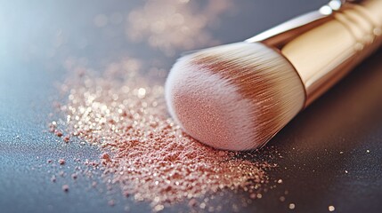 a makeup brush with pink powder gently scattered on a clean, light surface, perfect for beauty and cosmetic designs.