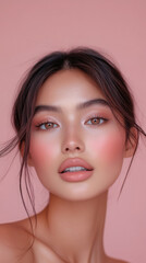Fototapeta premium Soft pastel makeup look with pink blush and subtle beauty on model