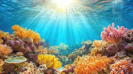 Naklejka premium Vibrant Coral Reef Undersea Sunlight Scene