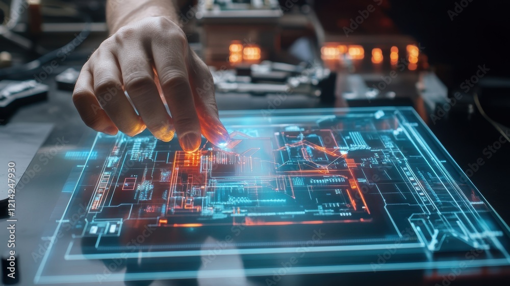 Poster electronic engineer working with futuristic transparent touchscreen displaying holographic data and 