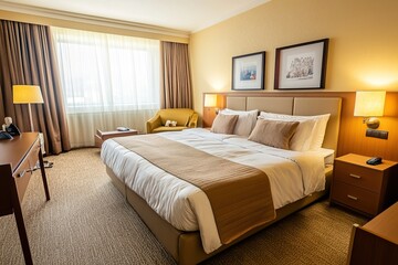 A cozy hotel room featuring a large bed with beige linens, two bedside tables, and a comfortable armchair. Natural light floods in through a large window, enhancing the warm color palette of the room.