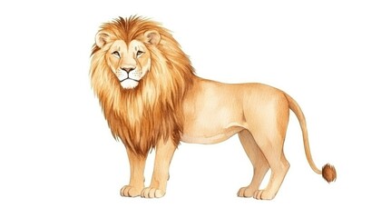 Obraz premium Majestic lion standing proudly with a vibrant mane, symbolizing strength in a minimalistic white background