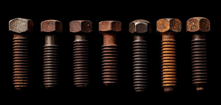 Corroded bolts with deep rust and patina, showcasing the effects of time and weather on metal components for artistic and repair concepts