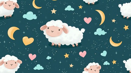 Fototapeta premium Cute sheep, stars, moon, clouds, hearts seamless pattern.