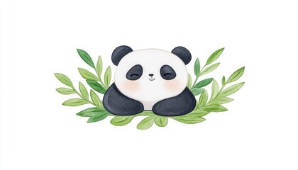 Cute panda illustration resting among lush green leaves, evoking a sense of calm and nature's beauty