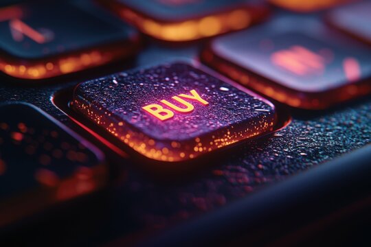 Glowing BUY key on a dark keyboard with water droplets, highlighted button, Generated AI