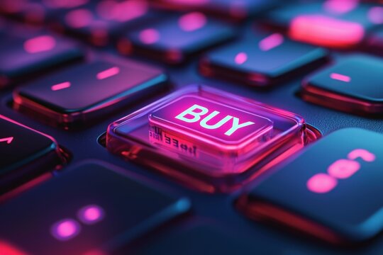 Glowing BUY button on keyboard, e-commerce and online purchase concept. Generated AI