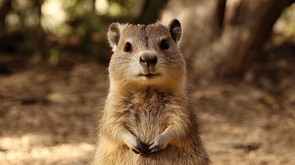 Fototapeta premium Curious rock hyrax standing, forest background, wildlife