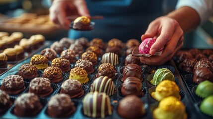 Obraz premium Close-Up, Hands Arranging Gourmet Chocolate Truffles on a Tray, Culinary Delights, Confectionery Art
