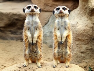 Fototapeta premium Two meerkats standing upright and alert in a sandy desert, captured with bright, natural light and a focus on their curious posture and expressions. 