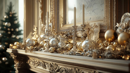 Elegant parisian mantelpiece decor with silver accents for festive holiday ambiance