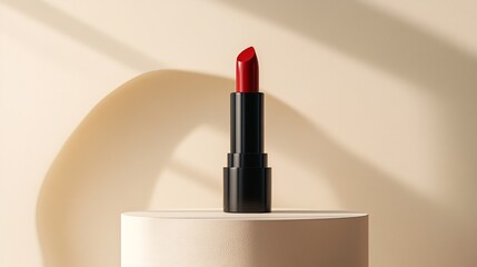 Bold red lipstick displayed on a minimalist beige podium, embodying elegance and beauty for product promotion or branding.