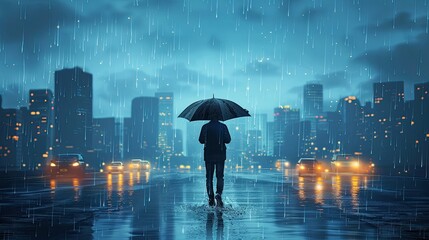 A tech startup pitches a flying umbrella to combat rainy commutes in this flat design illustration