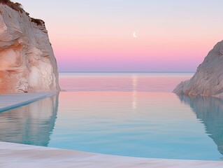 Peaceful Sea Horizon with Crescent Moon