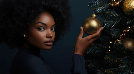 Naklejka premium Elegant holiday scene with model decorating with golden ornament on christmas tree