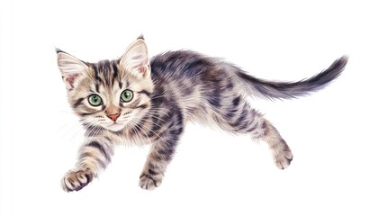 Fototapeta premium Playful tabby kitten with striking green eyes, leaping gracefully on a white background, showcasing agility