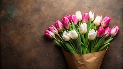 Spring Tulips Flat Lay: White & Pink Bouquet on Mocha Background - Perfect for Women's Day, Valentine's, Easter