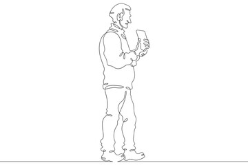 Continuous one line drawing old man with smartphone. Elderly man with tablet. Pensioner uses gadget. One continuous line isolated minimal illustration.Not AI.