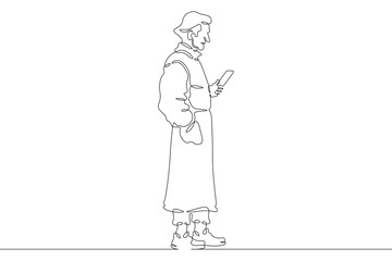 Continuous one line drawing old man with smartphone. Elderly man with tablet. Pensioner uses gadget. One continuous line isolated minimal illustration.Not AI.