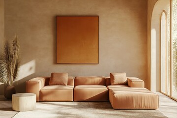 Coral or terracotta living room accent sectional sofa. The walls