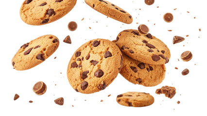Falling chocolate chip cookies isolated on transparent or white background, featuring realistic texture and crumbs for snack-themed designs.