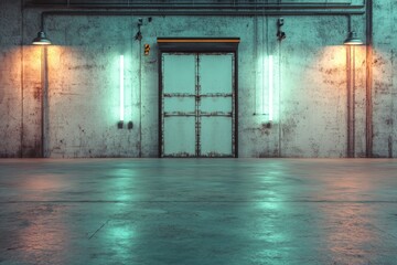Obraz premium Industrial design project featuring an empty hall with LED lights mounted on the ceiling, grey walls, and a glossy concrete floor. This is presented as a 3D rendering and mock-up