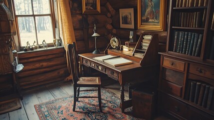 Rustic wooden study with antique desk, chair, books, and window view.