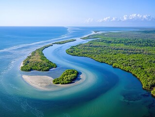 Aerial view of mangrove river, coastal ecosystem, ocean background, tropical paradise, nature tourism