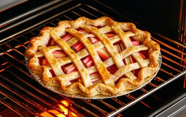 Homemade rhubarb pie baking in the oven, golden crust bubbling with sweet filling, a celebration of National Rhubarb Pie Day in a warm home setting