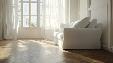 Fototapeta premium White sofa on wooden parquet. Minimalist, scandinavian home interior design of modern living room.
