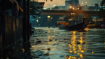 City river twilight, boats moored, reflections, urban background, travel photography