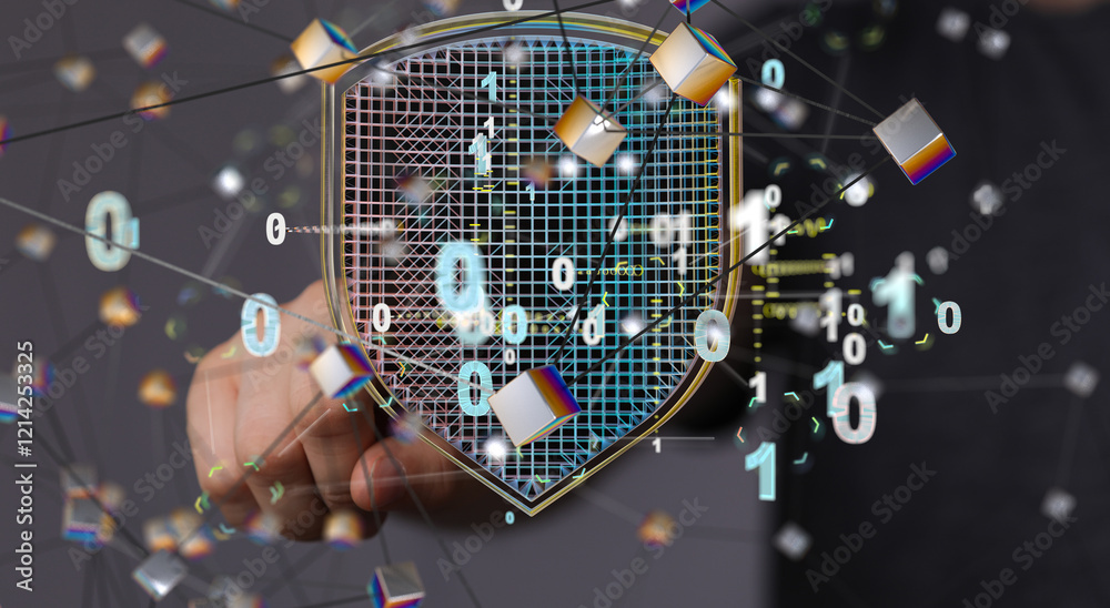 Poster Security Shield concept, data protection. Shield with dots and lines connectio
