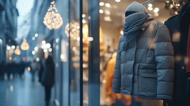 Winter collection sign hanging on store shop glass window exterior view for the launch of the new season collection of retail fashion industry with a promotion banner and special limited time offer