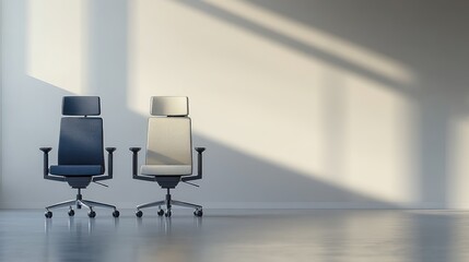Two modern office chairs in a bright room with sunlight shadows.