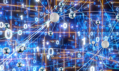 Neural network 3D illustration. Big data and cybersecurity