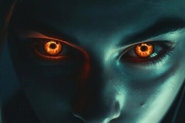 hyperrealistic dark portrait with intense glowing eyes, distorted features, deep shadows, and unsettling atmospheric lighting creating horror aesthetic