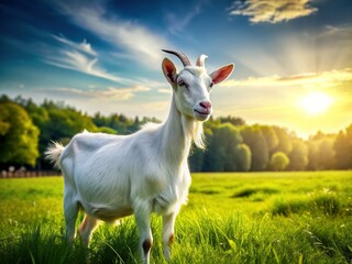 Obraz premium White Goat Grazing on Farmland - Peaceful Rural Scene