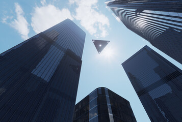 UFO flies in the sky above skyscrapers. 3D rendering