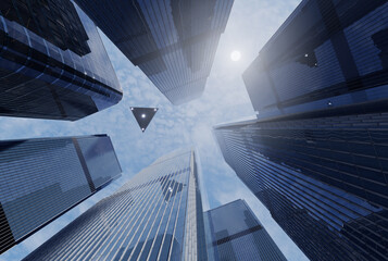 UFO flies in the sky above skyscrapers. 3D rendering