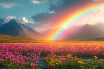 Vibrant rainbow over blooming mountain meadow.
