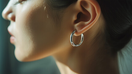 シンプルなシルバーのピアスを着けた日本人女性の耳元クローズアップ