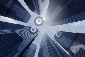UFO flies in the sky above skyscrapers. 3D rendering