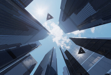 UFO flies in the sky above skyscrapers. 3D rendering