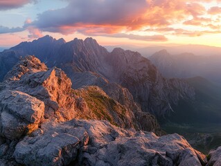 Majestic sunset over rocky mountain peaks, scenic vista, nature's beauty, landscape photography.