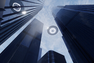UFO flies in the sky above skyscrapers. 3D rendering