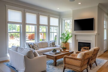 Fototapeta premium clean and modern living room with white roller shades