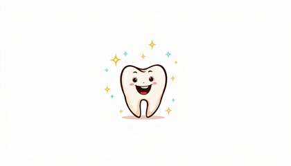 Smiling cartoon tooth with sparkles on white background