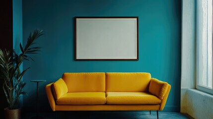 Fototapeta premium Vibrant yellow sofa and chair near teal wall with poster frame. Scandinavian interior design of modern living room.