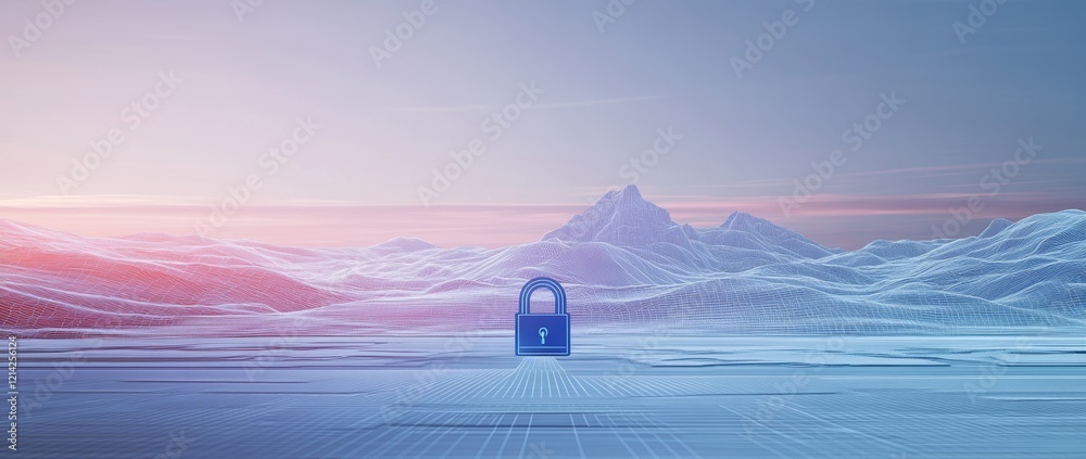 Poster closeup of a digital lock symbol created from blue circuits on a white background, featuring binary 