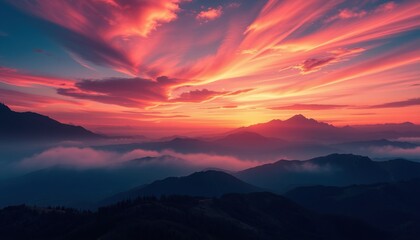 Fototapeta premium Fiery Sunset Over Majestic Mountain Ranges
